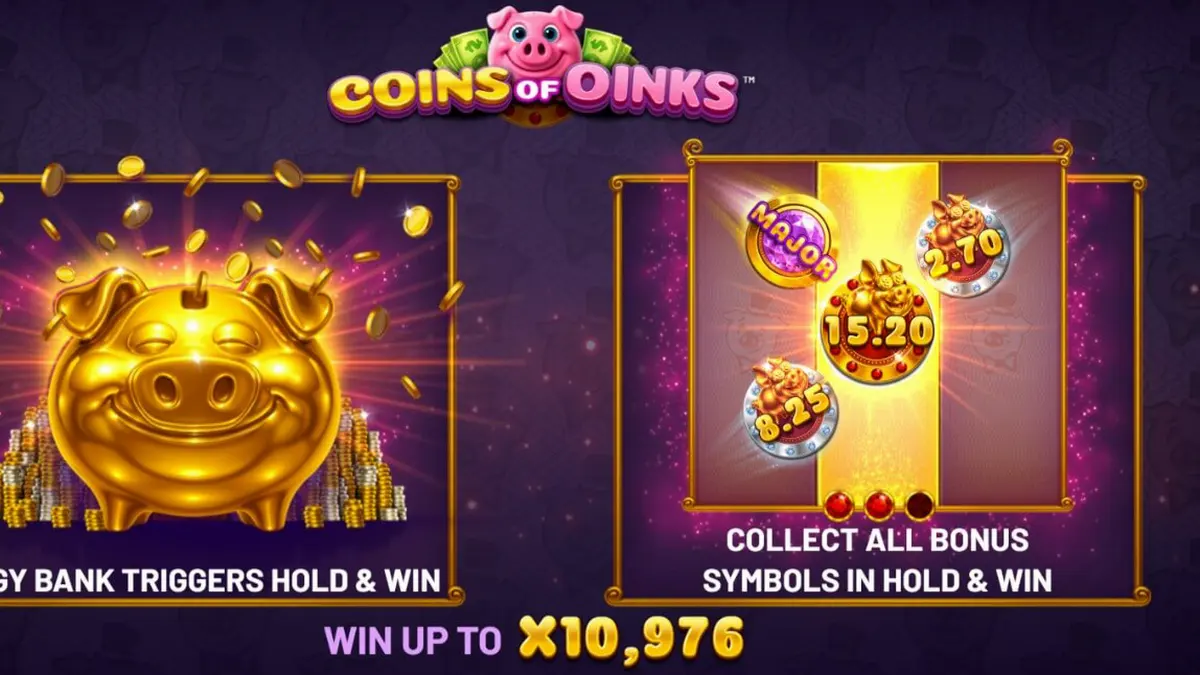 Personagens porcos luxuosos e símbolos de ouro no slot Coins of Oinks