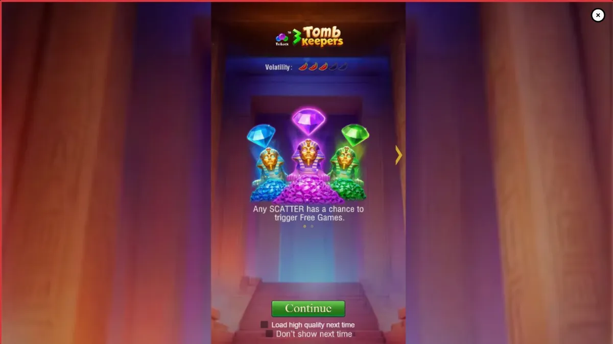 Interface do jogo de slot 3 Tomb Keepers com estátuas de faraós e símbolos egípcios